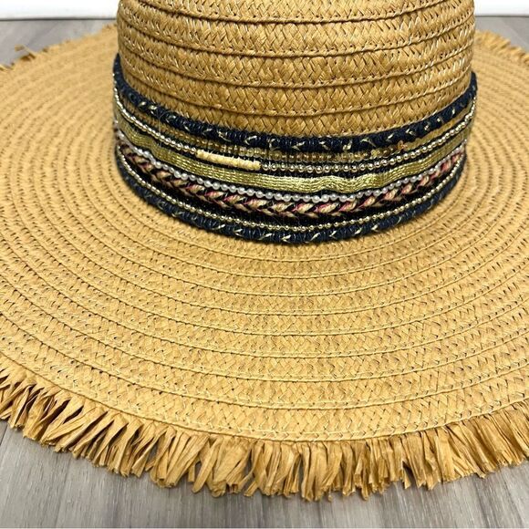 Steve Madden Sun Hat Women’s OS Tan Brown Straw Wide-Brim Floppy with Fringe - Picture 3 of 4